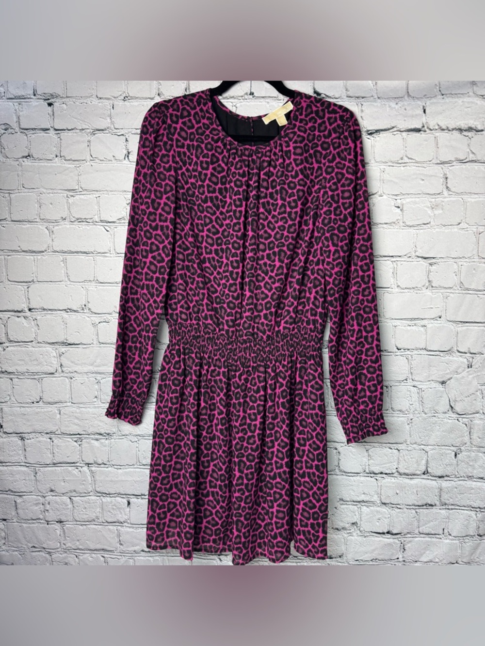 Michael Kors Fuchsia Black Leopard Mini Dress Long Sleeve Bubblegrunge Sz Large